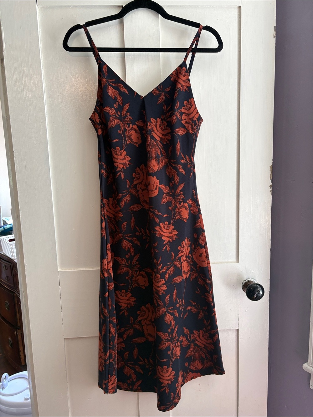 Native Black Slip Midi Dress with Rust Floral Print